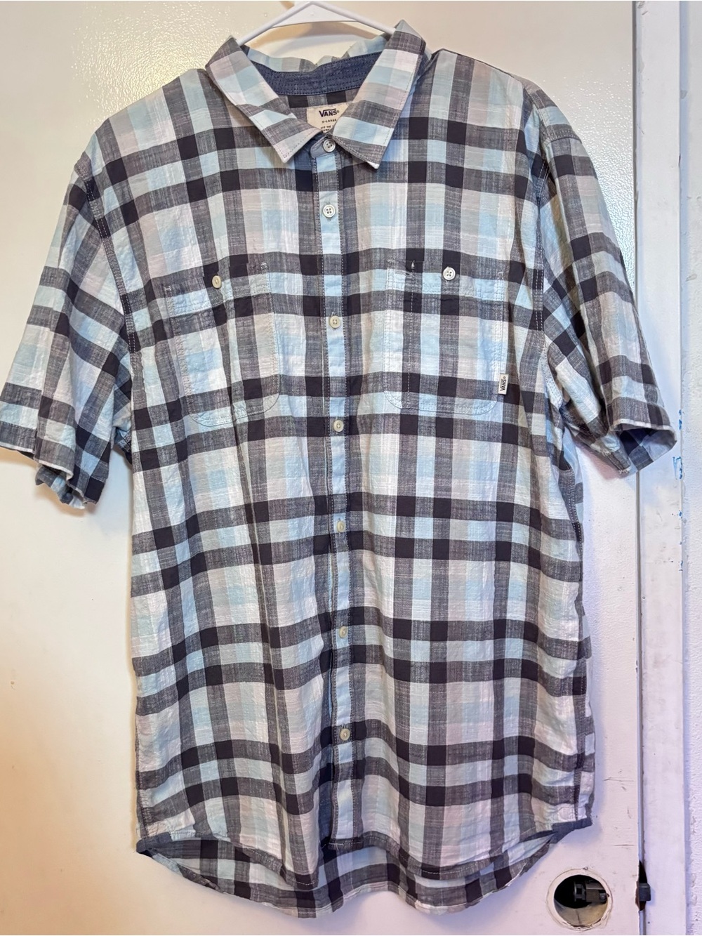Vans Men's Short Sleeve Plaid Button-Up Shirt - Light Blue & Gray